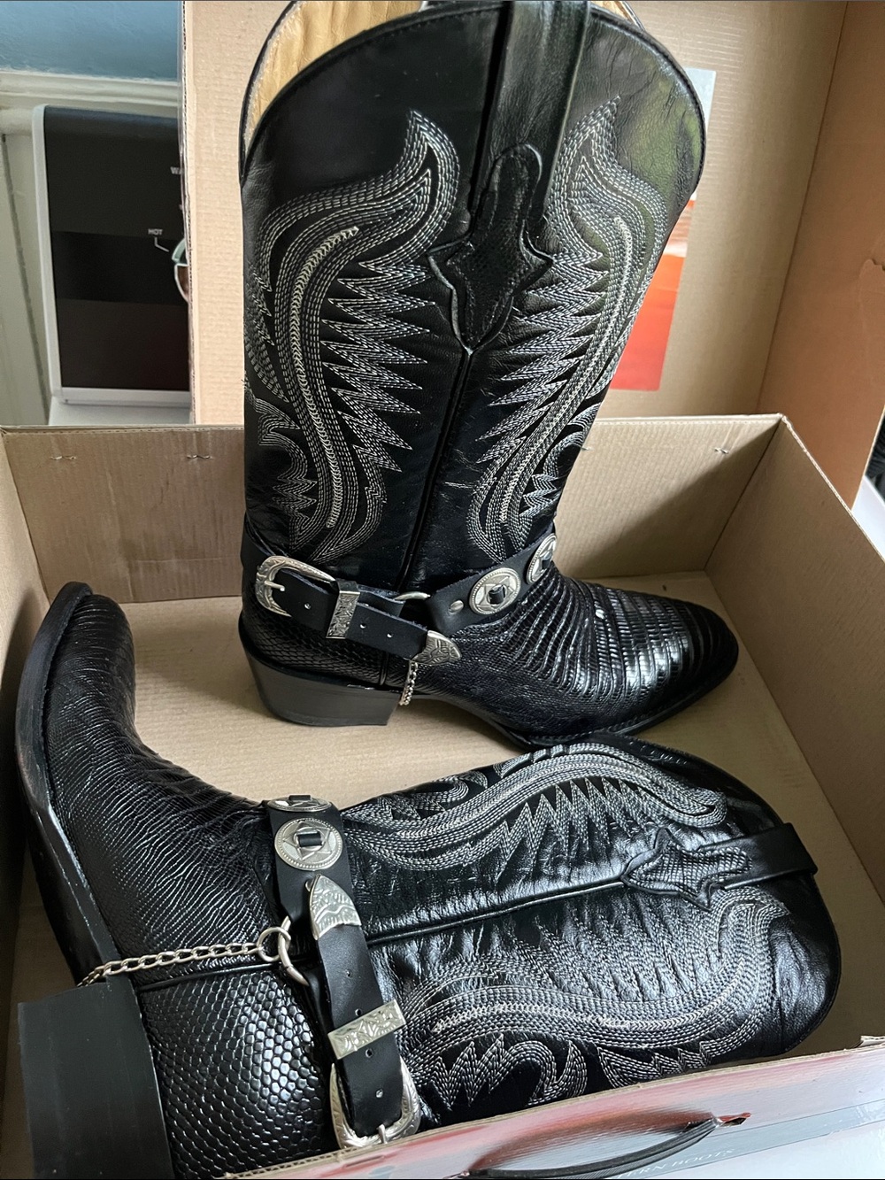 Ferrini Black Western Harness Cowboy Boots with Silver Accents